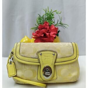 Coach Signature Yellow Canvas Leather Trim Turnlock Wristlet - Coin Wallet